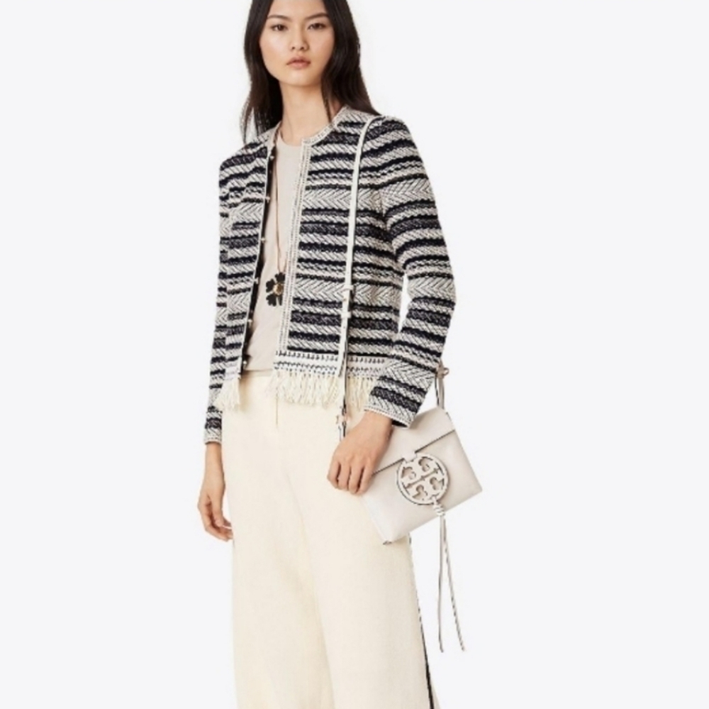 Tory Burch Navy & Cream Payton Fringe Cardigan Sweater M